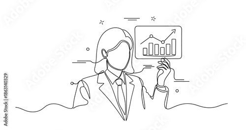 Female business analyst presenting growth chart in line art illustration, no editable stroke