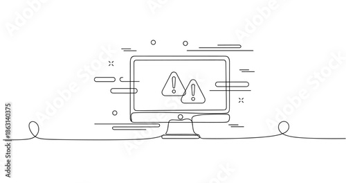 Minimalist line art computer with system warning icons on screen, no editable stroke