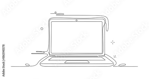 Minimalist line art of an open laptop with simple design elements, no editable stroke