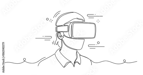 Young caucasian male experiencing virtual reality with headset line art, no editable stroke