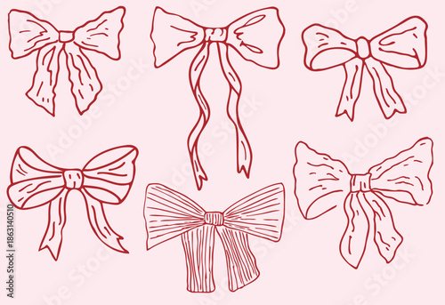 Hand drawn coquette bow ribbon illustration set in a cute feminine sketch style. Decorative bows with soft lines, perfect for wedding invitations, stationery,  packaging and romantic design projects.
