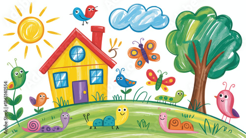 A delightful childs drawing illustrates a sunny yellow house with happy garden critters and birds