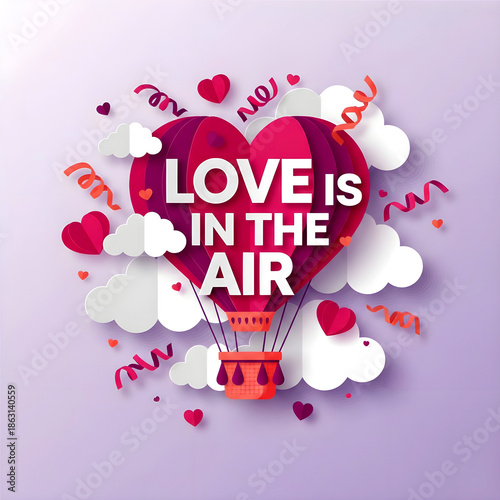 Romantic Hot Air Balloon with 'Love is in the Air' Message, Perfect for Valentine's Day Celebrations