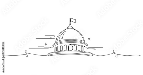 Minimalist line art of a capitol building dome with flag and cloud elements, no editable stroke