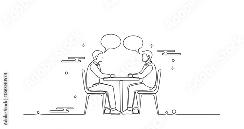 Line art illustration of two males in dialogue, no editable stroke