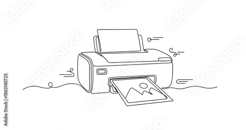 Simple line art of a printer printing a photo, no editable stroke