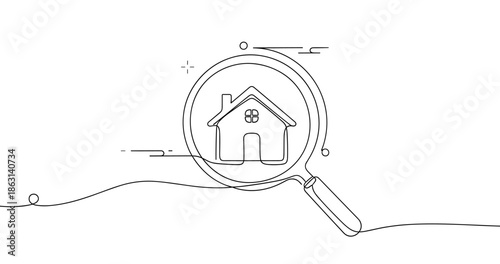 Minimalist line art of house with magnifying glass symbolizing real estate search, no editable stroke