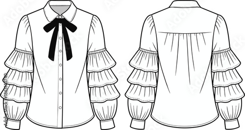 Women blouse fashion flat sketch, front back view, ruffle sleeve shirt, bow tie collar top, cad drawing flat vector illustration