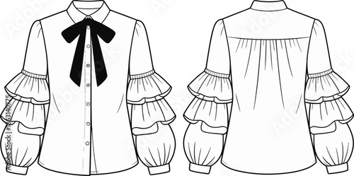 Women blouse technical fashion flat sketch, front back view, layered ruffle sleeve shirt, bow tie collar top, cad drawing flat vector illustration