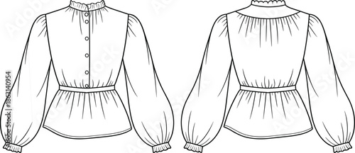 Women blouse technical flat sketch vector illustration front and back view high neck button detail puff sleeve fashion apparel cad drawing