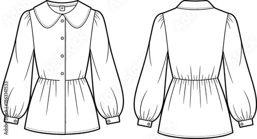 Women blouse technical sketch, front back view shirt pattern, long sleeve garment cad drawing flat vector illustration, fashion apparel design