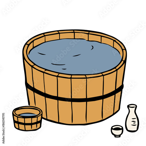 Woodblock print-style illustration of a hot spring