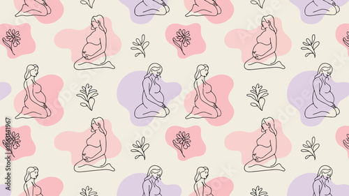 A lovely repeating pattern of pregnant figures in gentle poses alongside subtle colored shapes and flowers