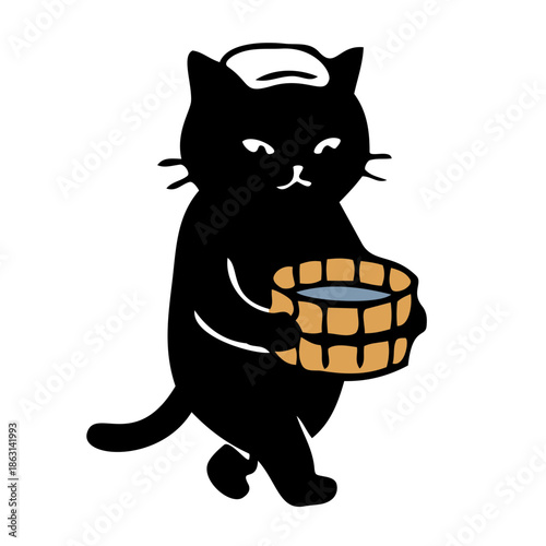 Woodblock-style illustration of hot springs and cats