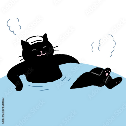 Woodblock-style illustration of hot springs and cats