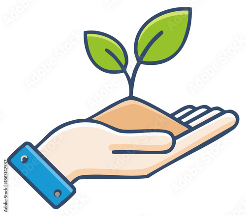 Hand holding a young green sprout growing from soil, symbolizing new life, growth, and environmental care