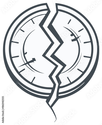 Cracked Clock Illustration of Broken Time Concept with Line Art and Stylized Crack