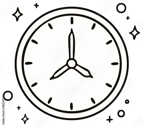 Doodle style clock illustration marking four o'clock, surrounded by decorative stars and bubbles