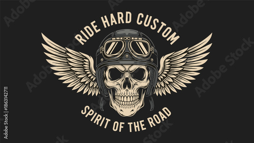 Biker skull emblem with wings features a skeleton head wearing a vintage motorcycle helmet and goggles for custom spirit of the road designs.