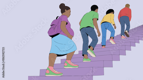 A pregnant woman with students ascending a series of light purple stairs from a rear perspective