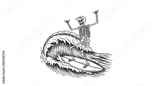 Cool skeleton surfer riding a massive ocean wave while performing a shaka hand sign illustrates a fun and rebellious beach lifestyle theme.
