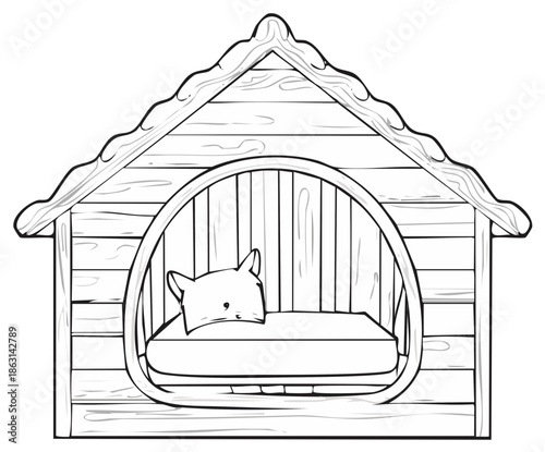Line Art of a Cat Sleeping Peacefully in a Cozy Wooden Pet House