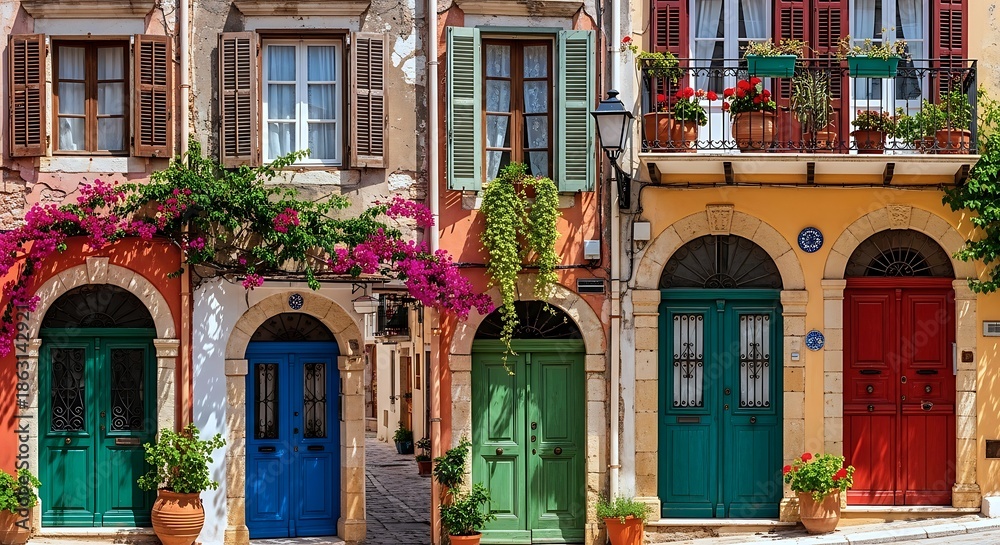 Fototapeta premium Vibrant facades of historic buildings line a charming street, adorned with colorful doors, windows, and blooming bougainvillea, creating a picturesque European scene.