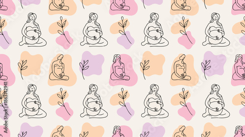 A seamless pattern featuring line art illustrations of pregnant women holding their bellies with colorful organic shapes