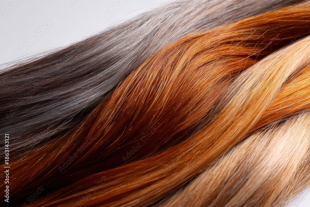 Fototapeta premium Hair strands of various colors and textures displayed together on a light background in a close-up view