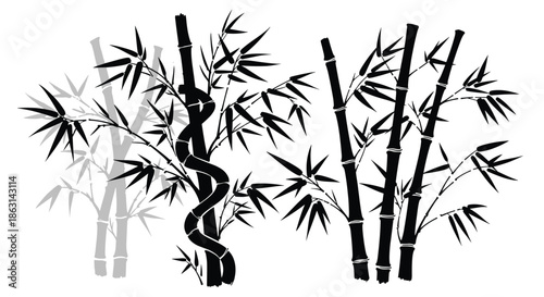 Zen style silhouette of bamboo stalks and delicate leaves in black and grey tones suitable for oriental design or wallpaper.