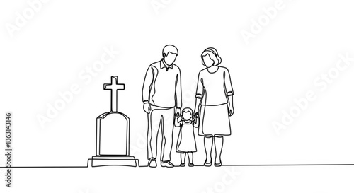 Family standing together at a grave with a cross in the background  