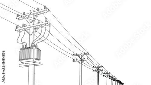 Minimalist line art drawing of electrical power line poles stretching into the distance depicts industrial infrastructure and energy distribution.