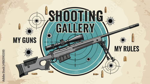 Professional shooting gallery banner features a precision sniper rifle against a bullseye target with bullet holes and scattered ammunition.