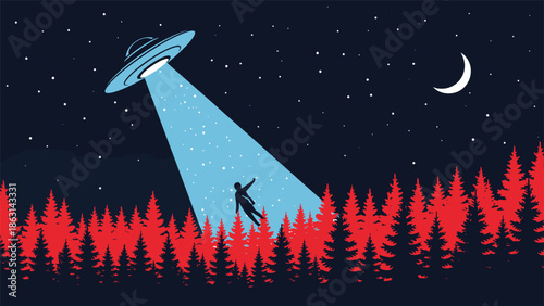 Cinematic illustration of a UFO hovering over a dense red pine forest at night using a beam of light to abduct a person under a crescent moon.