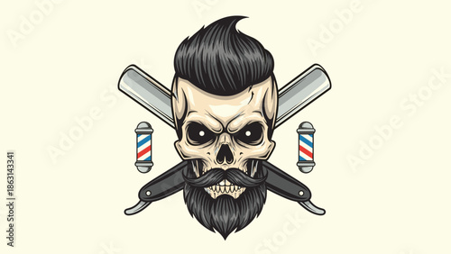 Stylish barbershop logo features a bearded skull with a modern hairstyle positioned between crossed straight razors and classic barber poles.
