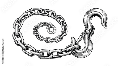 Detailed black and white engraving style illustration shows a heavy metal chain coiled with a large industrial safety hook at the end.