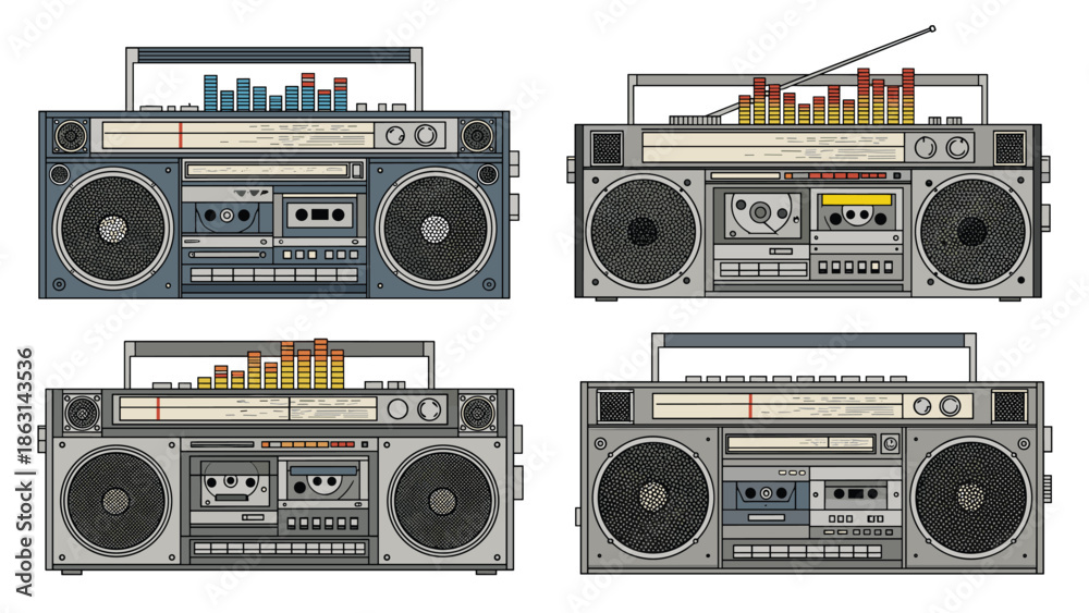 Obraz premium Set of four classic portable radio cassette players or boomboxes from the eighties era shown with colorful graphic equalizers and antenna.