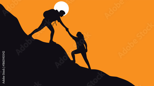 Hikers Helping Each Other on Mountain Peak at Sunset