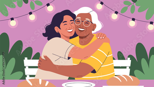 Two happy women, an older and a younger, share a warm hug at an outdoor table