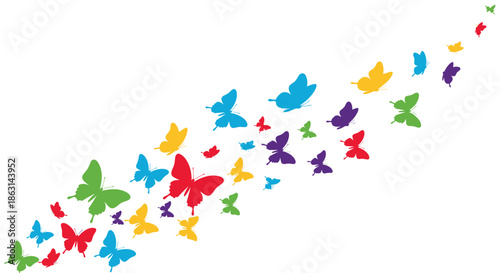 Playful diagonal trail of bright multicolored butterflies of different sizes flying together upwards on a white background.