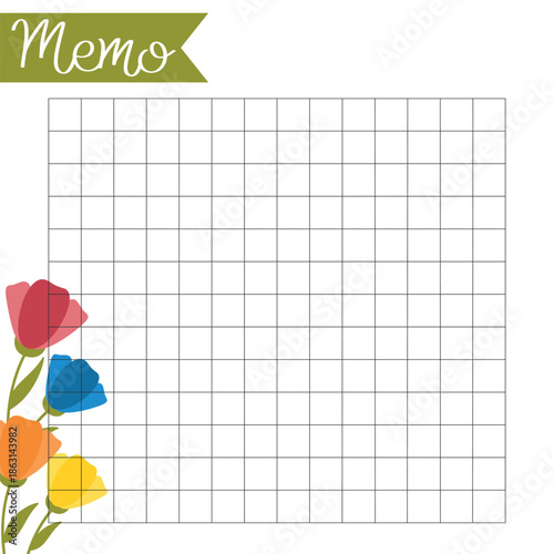 Cute Spring paper with colorful flowers. Square template for memo, note, sticker, to do list, diary, home or office.
