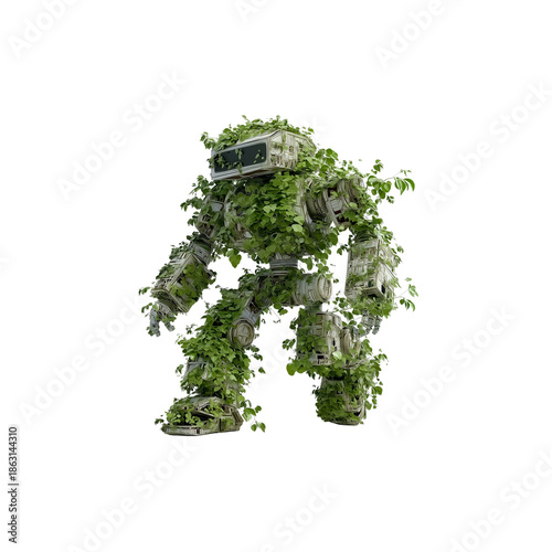 Robot covered in green vines and leaves on black mech isolated on a transparent background