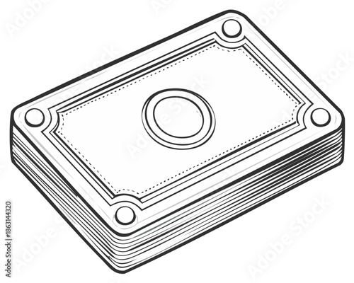 Stack of playing cards with decorative border and central circular design in black and white outline