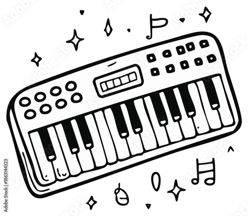 Illustration of a cartoon synthesizer musical instrument with music notes