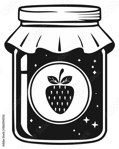 Stylized strawberry jam jar illustration featuring a classic design with a decorative lid and fruit label