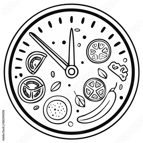 Outline of a pizza clock with vegetables, time for healthy eating, black and white hand-drawn illustration