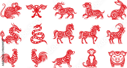 Vector illustration set of traditional red Chinese zodiac animals in paper cut style featuring the rat ox tiger rabbit dragon snake and horse.