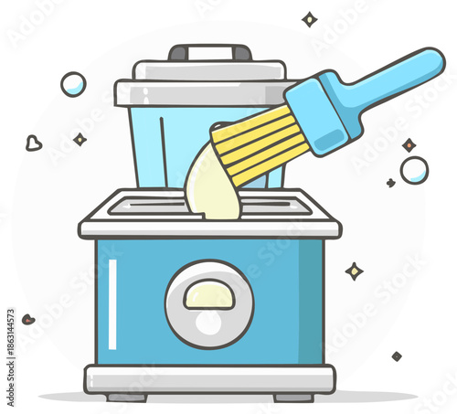 Hand dipping paintbrush into liquid in a small washing machine appliance
