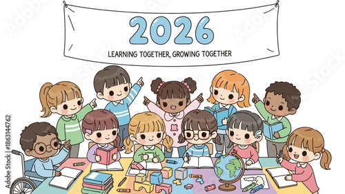 Children learning together in classroom with globe and books happily in 2026