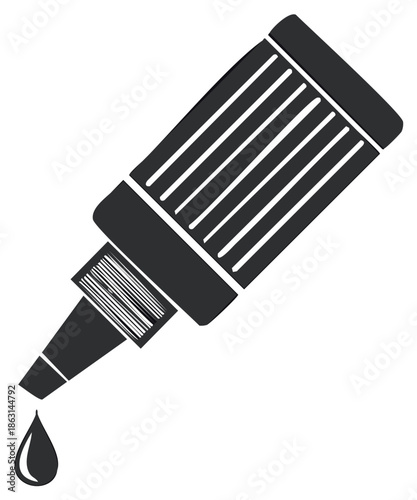 Black and white eyedropper bottle with a single liquid drop falling from the tip precise graphic illustration